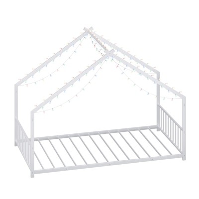 Vynxaria Twin Size Kids Bed Frame Roof Shaped Iron Frame Safer Floor Bed White