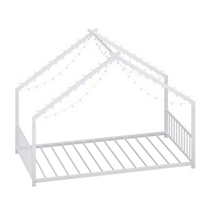 Vynxaria Twin Size Kids Bed Frame Roof Shaped Iron Frame Safer Floor Bed White - 1 of 4