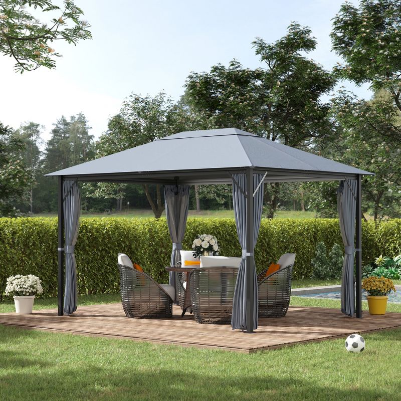 Outsunny 13' x 10' Outdoor Patio Gazebo Soft Top Canopy with PA Coated Polyester Roof, Steel/Aluminum Frame, Curtains & Netting Sidewalls, Gray, 3 of 9