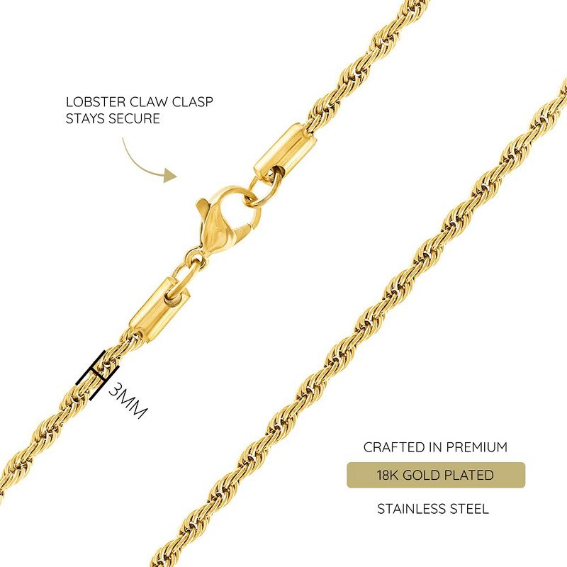 KISPER 18k Gold Hip Hop Rope Chain Necklace – 3mm Gold Plated Stainless Steel Jewelry for Women & Men with Lobster Clasp, 5 of 7