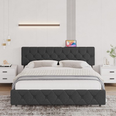 Queen Bed Frame with Charging Station,Tufted Upholstered Headboard,Metal Platform and Wooden Slats Support,Adjustable,Linen