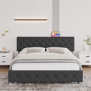 Queen Bed Frame with Charging Station,Tufted Upholstered Headboard,Metal Platform and Wooden Slats Support,Adjustable,Linen - 1 of 4