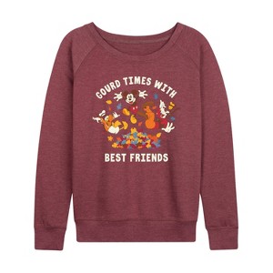 Women's - Disney - Mickey Goofy and Donald Gourd Times with Best Friends Lightweight French Terry Wide Neck Long Sleeve Shirt - 1 of 4