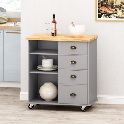 Kitchen Cart With Wheels, Modern Kitchen Island Cart With 2 Drawers, Door, 3 Shelves, Wood Top, Storage Cart