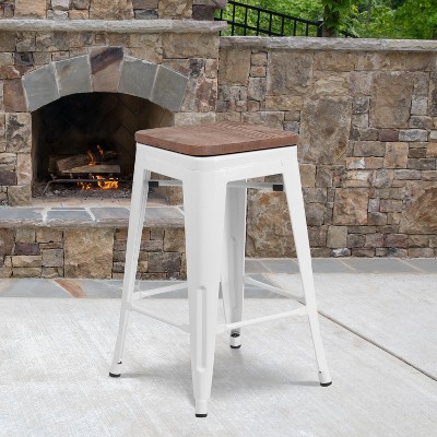 24" White Metal and Brown Wood Backless Counter Stool