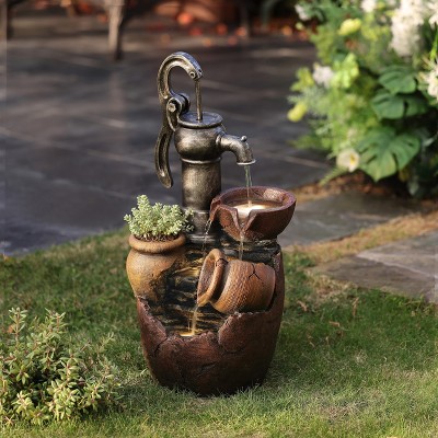 Rustic Brown Poly-Resin Farmhouse Pump and Pots Fountain with LED Lights