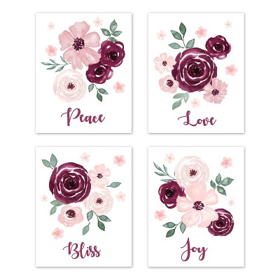 4pc 8"x10" Watercolor Floral Art Prints Burgundy Wine/Pink - Sweet Jojo Designs