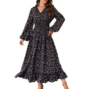 Casual V Neck Boho Floral Print Wedding Guest Maxi Dresses for Women Bohemian Flowy Maxi Dress - 1 of 4