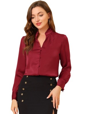 INSPIRE CHIC Women's Ruffled Stand Collar Long Sleeve Button Elegant Satin Shirt