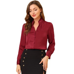 INSPIRE CHIC Women's Ruffled Stand Collar Long Sleeve Button Elegant Satin Shirt - 1 of 4