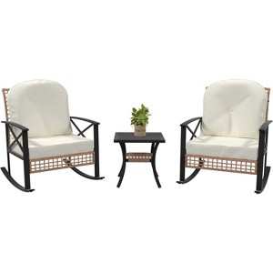 Acekool 3-Piece Wicker Patio Bistro Set with Glass Top Side Table and Cushioned Rattan Chairs for Outdoor Balcony, Porch, Backyard – Beige - 1 of 4