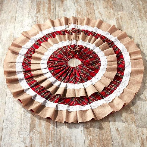 Lakeside 48 Ruffled Burlap Christmas Tree Skirt With Doily Cloth And Red Plaid Rings Target