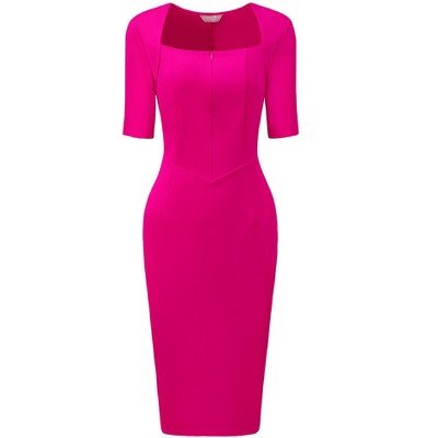 Hobemty Women's Square Neck Zip Front Short Sleeve Work Sheath Dresses