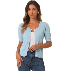 Allegra K Women's Casual Crochet Knit Button Up Sweater Short Sleeve Cardigan - 1 of 4
