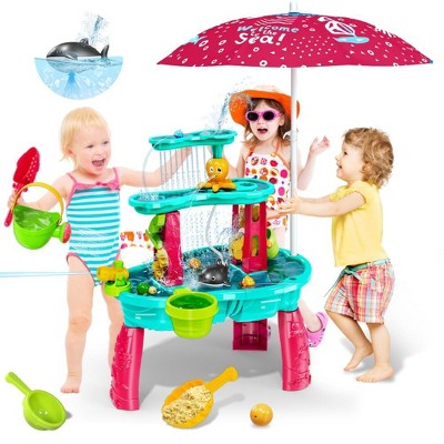 VATOS Sand Water Table Toys for Toddlers, 3-Tier Kids Splash Table with Water Pumb & Umbrella kids Sensory Table for Boys Girls Aged 3-5