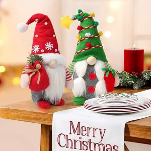 Angel Sar Set of 2 Christmas Gnome Plush Decorations, Felt Fabric Farmhouse Tiered Tray Elf Dolls for Xmas Tree Tabletop Decor, Red and Green - 1 of 4