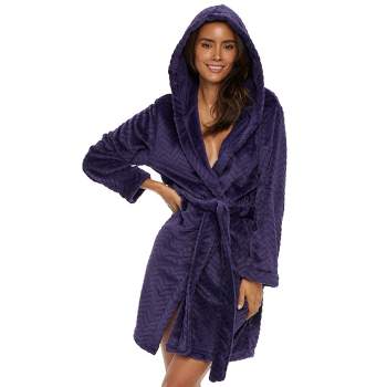 Women's Warm Soft Plush Fleece Bathrobe with Hood, Knee Length Hooded Robe