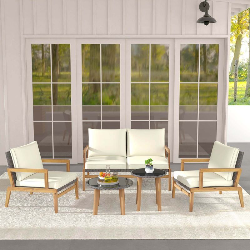 Costway 5 Piece Rattan Furniture Set Wicker Woven Sofa Set with Solid Acacia Wood Frame, 2 of 11