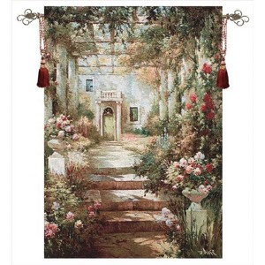 Manual Woodworkers and Weavers "Summer Pergola" Grande Wall Hanging, 35 x 47 Inches, Woven Cotton Tapestry Featuring Floral Garden Scene - 1 of 3