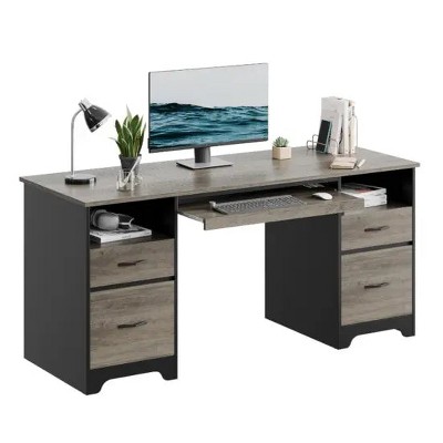 Gray Particle Board Executive Desk with Drawers and Keyboard Tray
