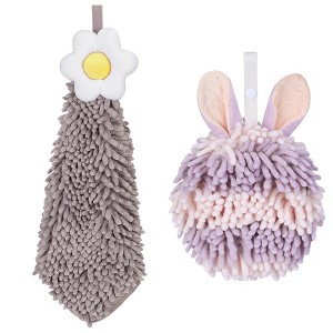 REGALWOVEN 2 Packs Soft Absorbent Flower and Rabbit Shape Decorative Chenille Hand Towel for Bathroom 6" x 15"/7" x 7" - 1 of 4