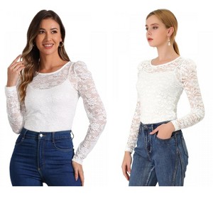 INSPIRE CHIC Women's Vintage Semi-Sheer Puff Long Sleeve Embroidery Lace Floral Blouse 2 Packs - 1 of 4