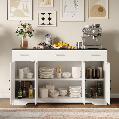 55" Large Buffet Sideboard Cabinet with 4 Doors & 3 Drawers, Kitchen Storage Cabinet Coffee Bar Table with Adjustable Shelf for Dining Room