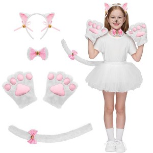 Joyfy 5 Pcs Kitty Cat Halloween Costume Accessory Set for Adult, Kids, Cat Ears Headband, Paws Gloves, Bow Tie, Tail, Cosplay Dress Up Party - 1 of 4