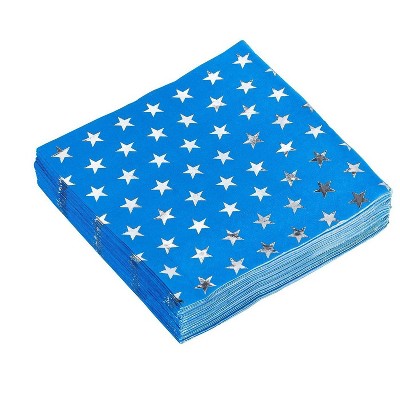 Blue Panda 50 Pack Patriotic Blue Silver Foil Star Paper Napkins 5" for Memorial Day, 4th of July Party Supplies Decorations