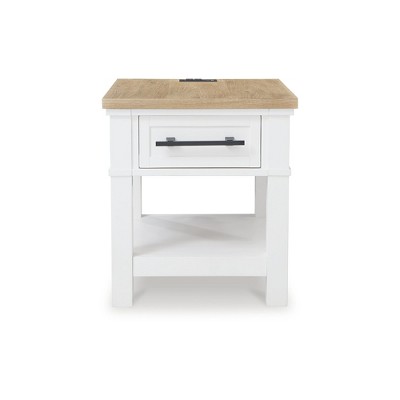 White and Light Brown Oak Veneer End Table with Storage Drawer