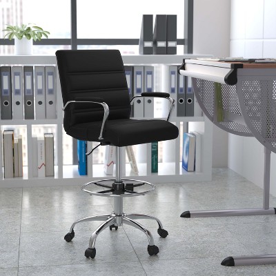 Mid-Back Black Leather Swivel Drafting Chair with Silver Frame