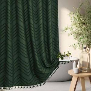 Dark Green Boho Shower Curtain with Tassel Woven Fabric 72x 72 Modern Farmhouse Textured Tufted Striped Minimalist Bathroom Curtain - 1 of 4