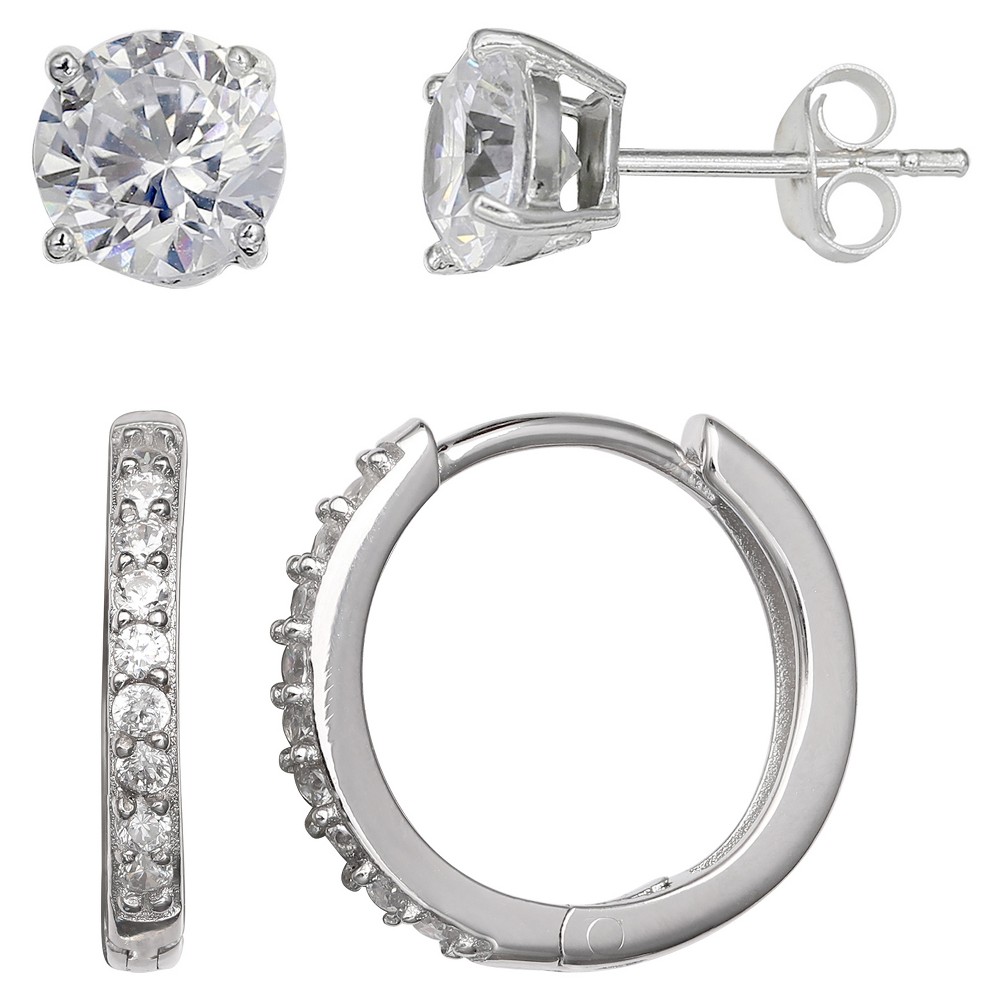 Set of Stud and Huggie Hoop Earrings with Clear Cubic Zirconia in Sterling Silver - Silver (14mm)