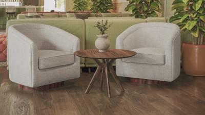 Gray Faux Leather Swivel Barrel Accent Chair with Wood Base