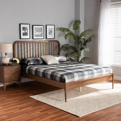 Walnut Brown Full Wood Frame Upholstered Tufted Bed with Slats