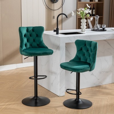 SKRAN Swivel Velvet Barstools Set of 2, Adjustable Seat Height Tufted Back Hand-Hammered Rivets Black Metal Leg For Home Pub & Kitchen Island