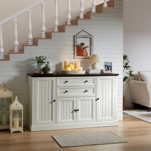 58″ Farmhouse Buffet Cabinet, Wood Rustic Sideboard Cabinet with 2 Drawers & 4 Grooved Barn Doors, Coffee Bar Cabinet with Adjustable Shelves - 1 of 4