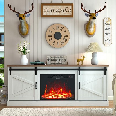ALAULM Fireplace TV Stand for up to 75" TV, Farmhouse Entertainment Center for Living Room w/Storage Shelves, Remote Control, White