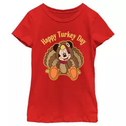 Girl's Disney Mickey Mouse Happy Turkey Day  T-Shirt - Red - X Large