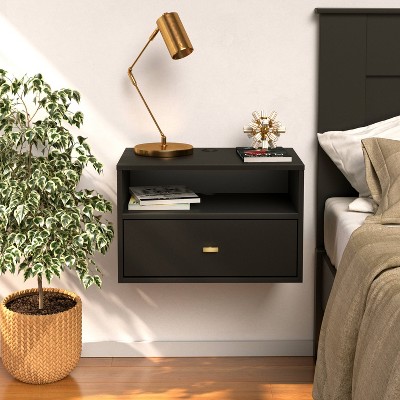 Set of 2 Black Floating Nightstands with Brass Handles