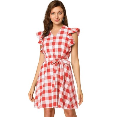 Allegra K Women's Casual Ruffled Sleeve A-Line Vintage Gingham Check Dress