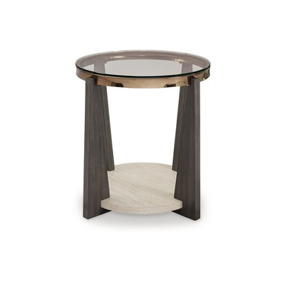Round Beige and Brown Wood Metal End Table with Glass Top