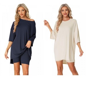 INSPIRE CHIC Women's 2 Pcs Knit Loungewear 3/4 Sleeve T-Shirt with Bike Shorts Pajama Set - 1 of 4