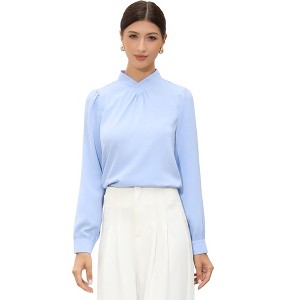 INSPIRE CHIC Women's Business Casual Pleated Stand Up Neck Puff Long Sleeve Office Blouses - 1 of 4