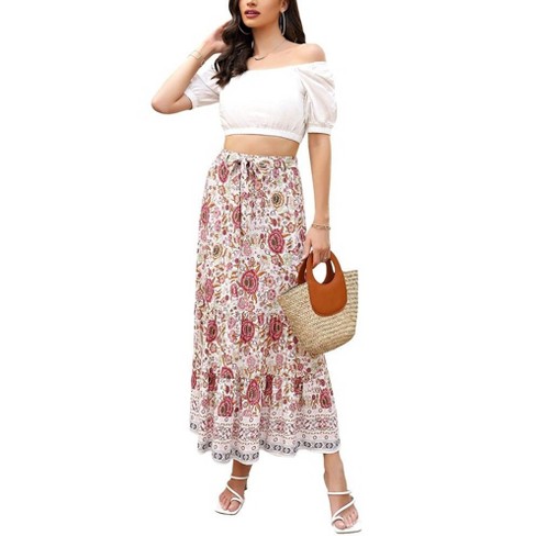 Women s Summer Elastic High Waist Boho Maxi Skirt Casual Ruffle A Line Long Skirt Flowy Midi Skirt Target