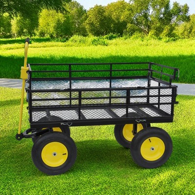 FURNIinspire Wheelbarrows And Lawn Carts Garden Cart For Picnic, Shopping, Lawn Cart With Solid Wheels And Yellow Handle, Black, 55“*24"*47"