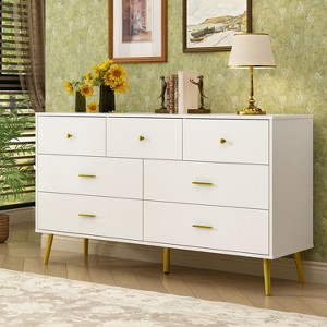 FUFU&GAGA White Modern 7 Drawer Double Dresser Chest with Gold Metal Legs - 1 of 4