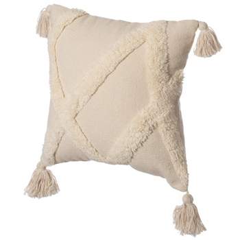 16" Handwoven Cotton Throw Pillow Cover with White on White Tufted Design and Tassel Corners