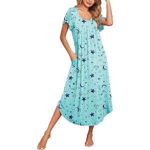 Ekouaer Long Nightgowns for Women with Pockets Short Sleeves Moo Moos for Women Casual Maxi Dress House Dresses Star Print XXXL - 1 of 4