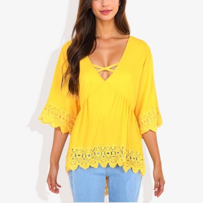 Anna-Kaci Women's Strap V-Neck Detail Crochet Lace Trim Midi Sleeve Blouse